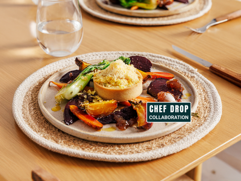 Irish Farmhouse Cheese & Onion Shamrock Tart with Warm Iona Farm Root Vegetable Salad, Stephen McCormack’s Charred Pak Choi, Caramelised Onion & Keogh’s Shamrock & Sour Cream Crisps