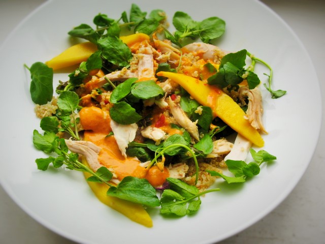 Warm Chicken Salad with Quinoa, Watercress, Mango and Red Curry Dressing.