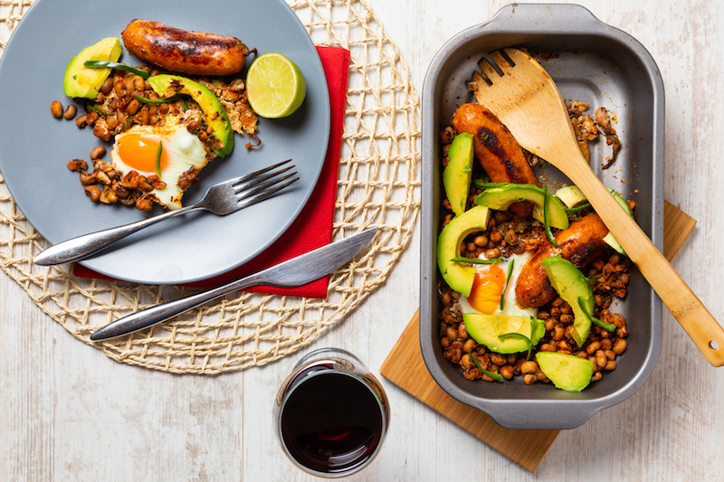 Spicy Sausage, Mexican Beans with Avocado & Eggs