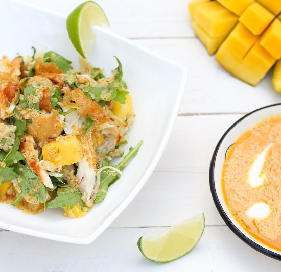 Warm Chicken Salad, Mango, Quinoa and Red Curry Dressing