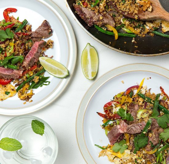 Steak and Fried Quinoa with Peppers and Green Beans