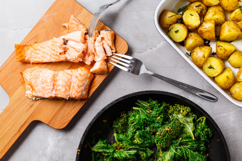 Baked Salmon with Kale & Mint Roast Potatoes