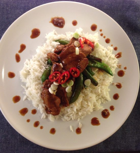 Ginger Pork with Aromatic Green Vegetables and Basmati Rice