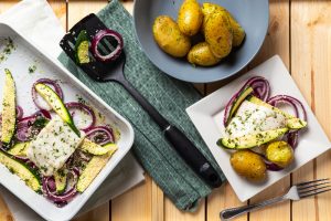 Oven Baked Cod with Courgette _ Dill Baby Potatoes