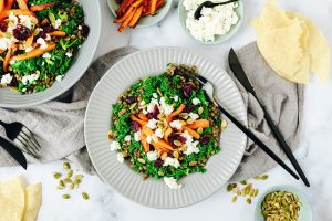 Puy Lentils with Honey Roasted Carrot, Massaged Kale & Crumbly Feta