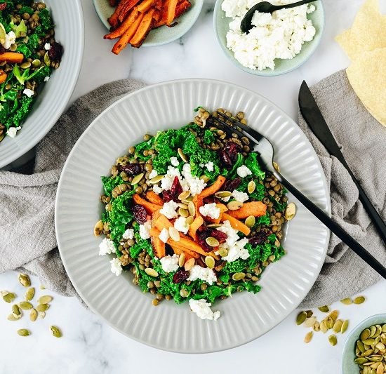 Puy Lentils with Honey Roasted Carrot, Massaged Kale & Crumbly Feta