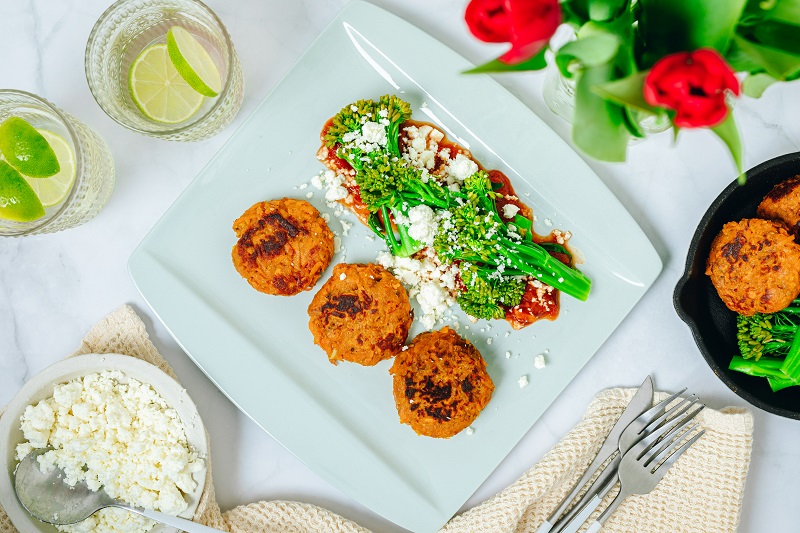 Sweet Potato Rosti with Spicy Tomato Sauce, Crumbled Feta, and Tenderstem Broccoli