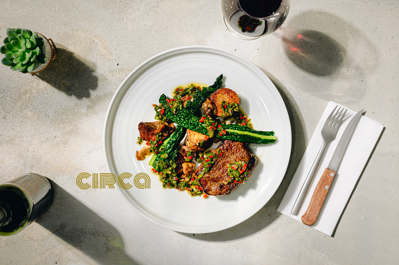 CIRCA – Pork Tenderloin with Girolles, Cavolo Nero, Pink Fir Potato, Roscoff Onion & Chimmichuri