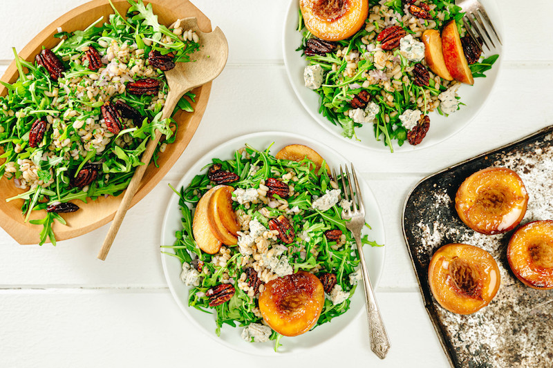 Grilled Peach Salad with Candied Pecans and Pearl Barley