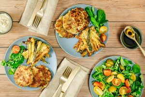 Mackerel Fishcakes with Courgette Chips and Salad