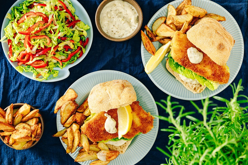 Breaded Hake Burgers with Potato Wedges