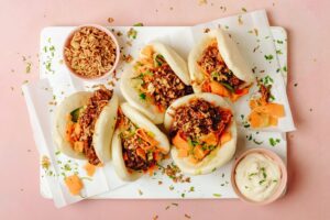 Pulled Chicken Bao Buns with Quick Pickled Veg