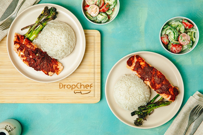 Tandoori Salmon with Roasted Broccoli and Yoghurt Cucumber Salad