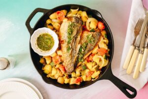 Crispy Seabass Salmoriglio with Seasonal Vegetables