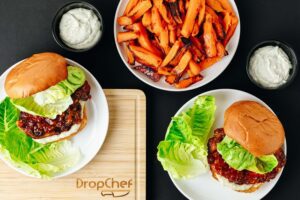 Buffalo Blue Chicken Burger with Sweet Potato Fries