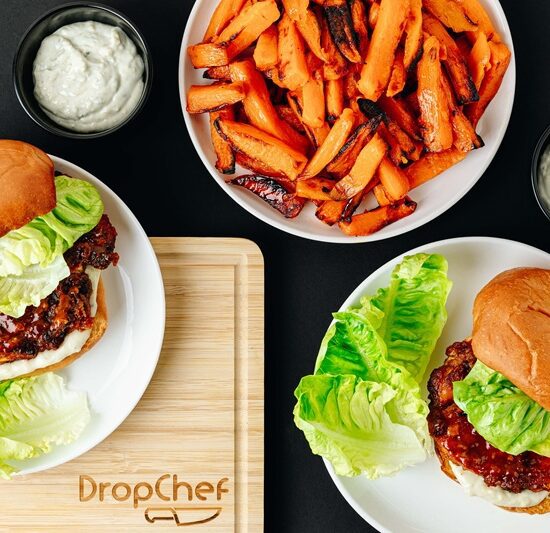 Buffalo Blue Chicken Burger with Sweet Potato Fries