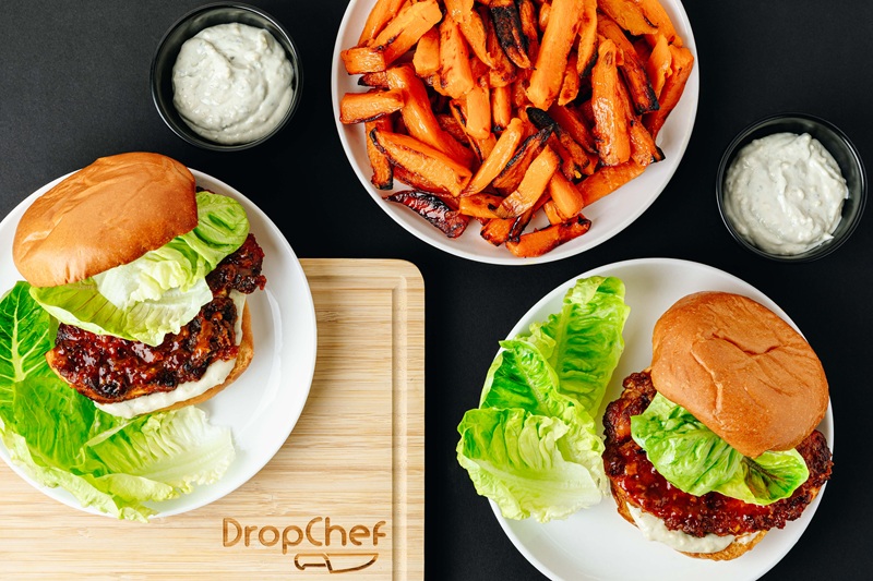 Buffalo Blue Chicken Burger with Sweet Potato Fries