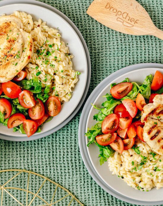Peppery Parmesan Pasta with Grilled Chicken & Side Salad