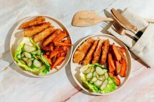 Coley Goujons with Sweet Potato Wedges & Pickled Cucumber Salad