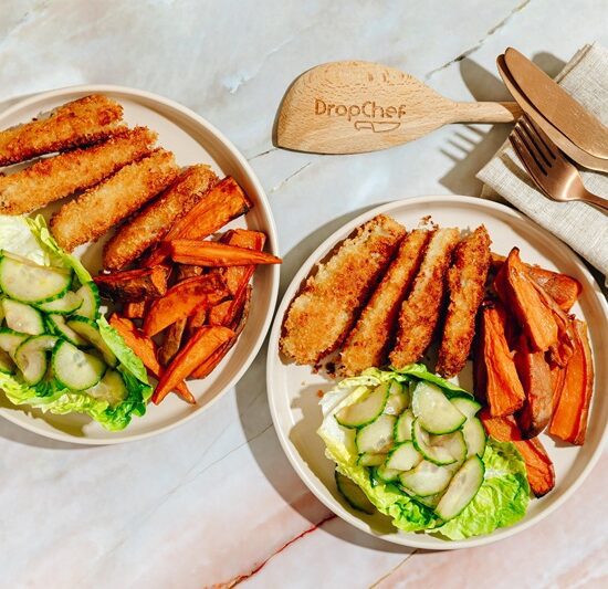 Coley Goujons with Sweet Potato Wedges & Pickled Cucumber Salad