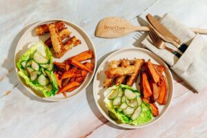 Tofu Goujons with Sweet Potato Wedges & Pickled Cucumber Salad
