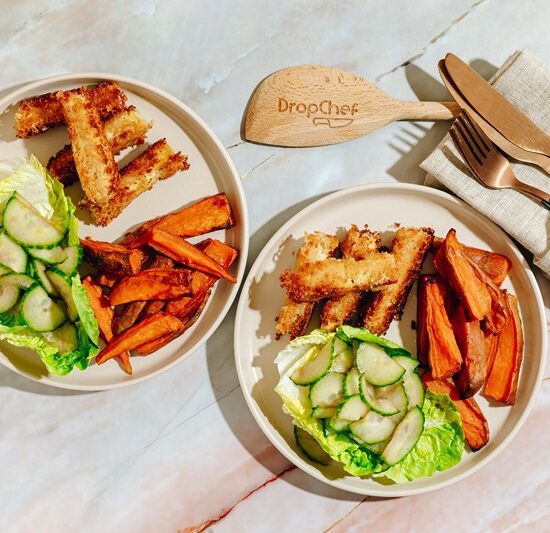 Tofu Goujons with Sweet Potato Wedges & Pickled Cucumber Salad