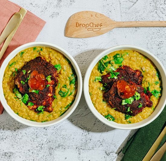 Crispy Chicken Thighs with Vibrant Red Lentil Dahl