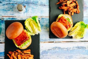 Buffalo Blue Tofu Burger with Sweet Potato Fries