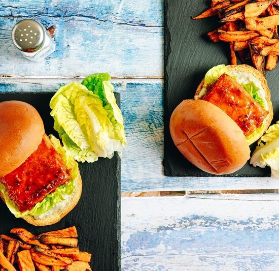 Buffalo Blue Tofu Burger with Sweet Potato Fries