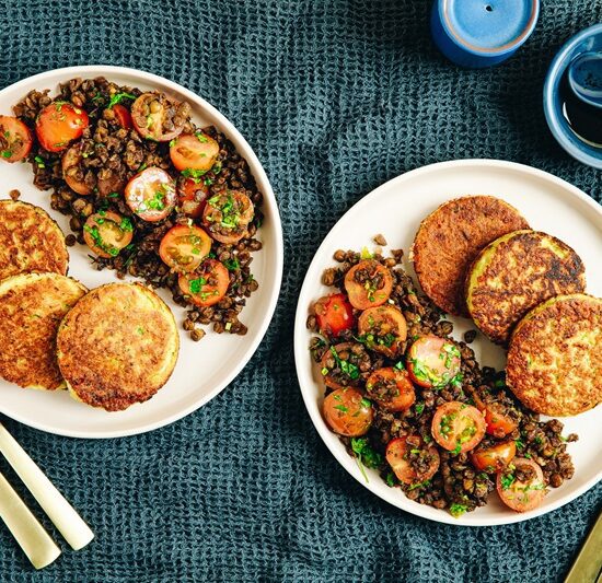 Courgette & Halloumi Fritters With Tomato Lentil Salad