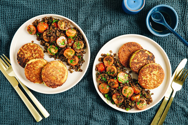 Courgette & Halloumi Fritters With Tomato Lentil Salad