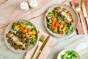 Parmesan Pesto Gnocchi with Rainbow Tomato Salad