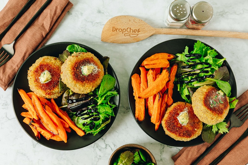Kiev-Style Turkey Burgers with Sweet Potato Fries
