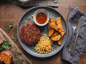 Carrot & Beetroot Bean Burger, Squash Wedges & Sweet Chilli Dip