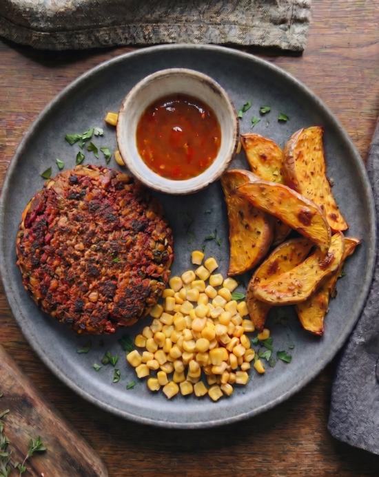 Carrot & Beetroot Bean Burger, Squash Wedges & Sweet Chilli Dip