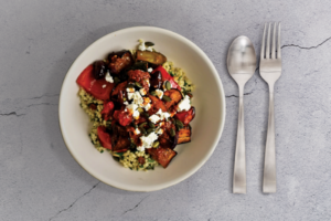 Charred-Homemade-Harissa-Aubergine-on-Couscous-and-Roast-Vegetables