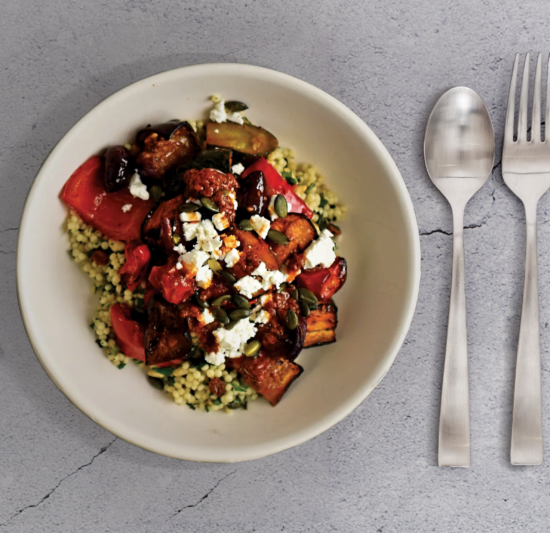 Charred-Homemade-Harissa-Aubergine-on-Couscous-and-Roast-Vegetables