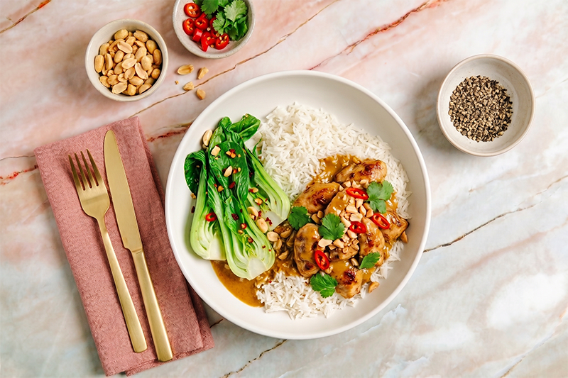 Chicken Satay, Rice & Asian Greens
