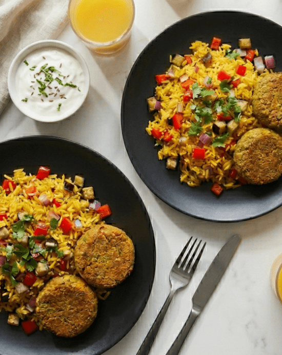 Chickpea and Cauliflower Floret Falafel with Spiced Rice and Raita Dip