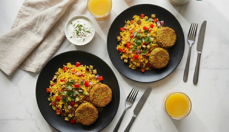 Chickpea and Cauliflower Floret Falafel with Spiced Rice and Raita Dip