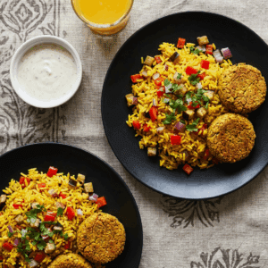 Chickpea and Cauliflower Floret Falafel with Spiced Rice and Raita Dip