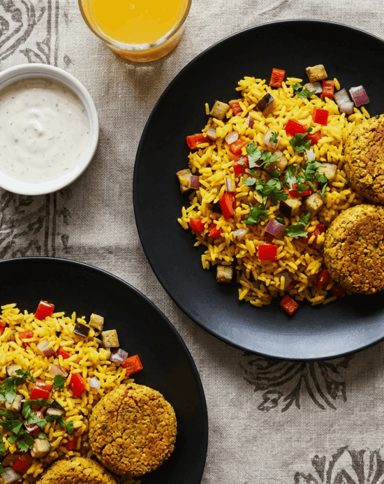 Chickpea and Cauliflower Floret Falafel with Spiced Rice and Raita Dip