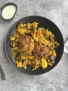 Chickpea and Cauliflower Floret Falafel with Spiced Rice and Raita Dip