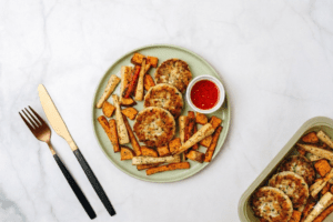 Fish Cakes, Roast Root Veg & Sweet Chilli Dip