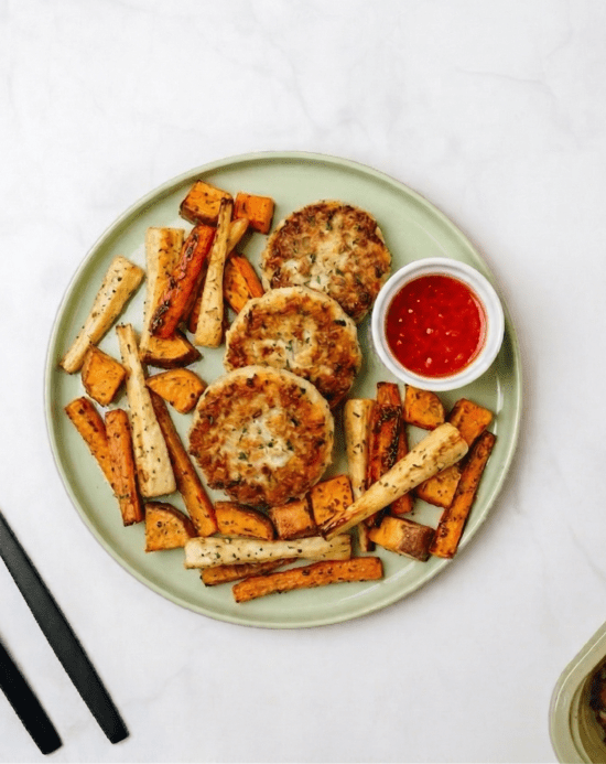 Fish Cakes, Roast Root Veg & Sweet Chilli Dip