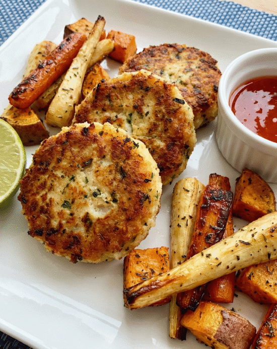 Fish Cakes, Roast Root Veg & Sweet Chilli Dip