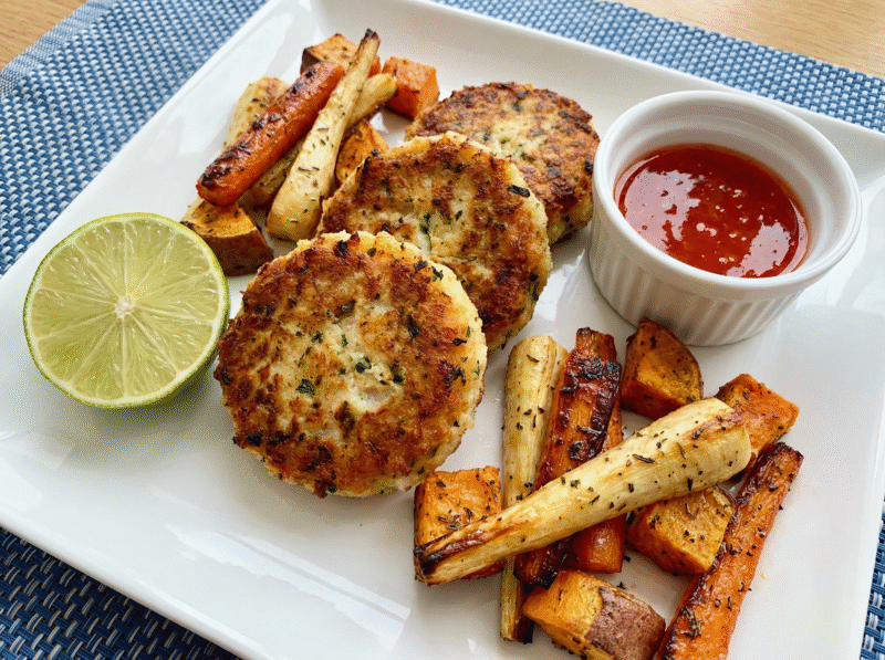 Fish Cakes, Roast Root Veg & Sweet Chilli Dip
