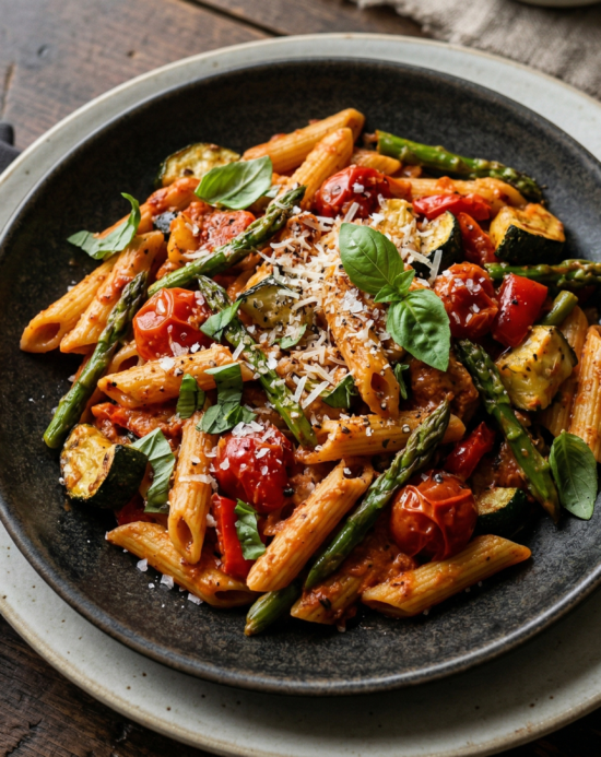 Harissa Penne Pasta, Roast Veg & Asparagus
