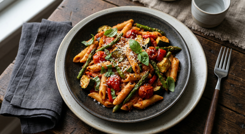 Harissa Penne Pasta, Roast Veg & Asparagus