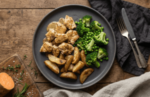 Honey Mustard Chicken, Baby Potato Wedges & Mixed Veg